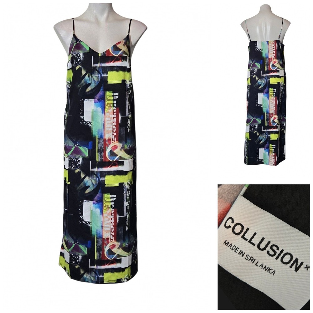 Collusion Abstract Graphic Print Sleeveless Maxi Dress V-Neck Slit Black Multi 6
